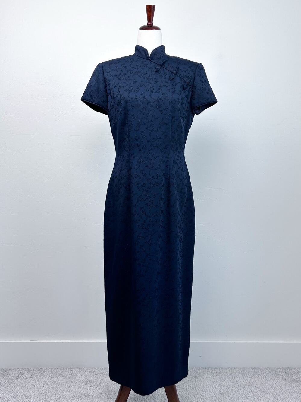 David Warren Vintage Cheongsam Qipao Mandarin Collar Navy Blue Maxi Dress SIZE 8